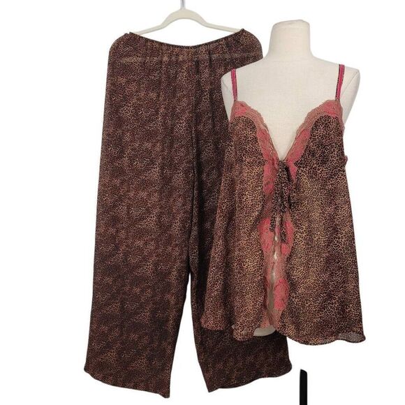 Vtg Y2K‎ Victoria’s Secret Cheetah Animal Print Pajama Set Sz L Sheer Wide Leg - Picture 1 of 7